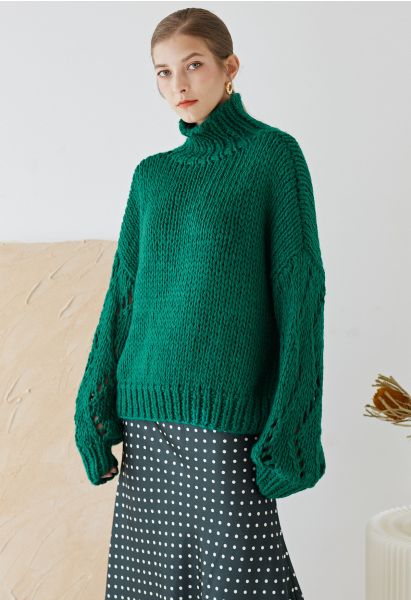 Pointelle Sleeve High Neck Hand-Knit Sweater in Green