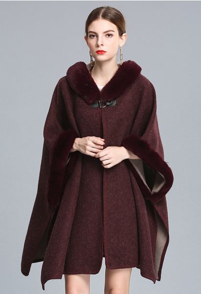 Cozy Faux Fur Hooded Poncho in Burgundy