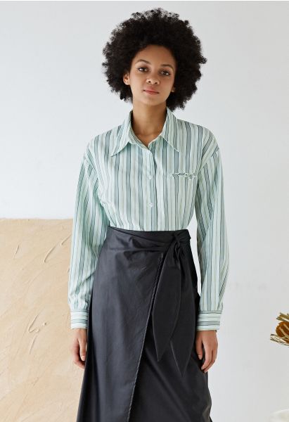 Vertical Stripe Button Down Shirt in Green