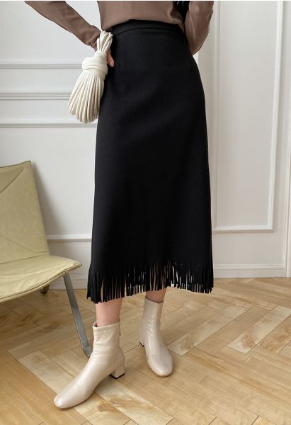 High Waist Fringe Hem Pencil Skirt in Black