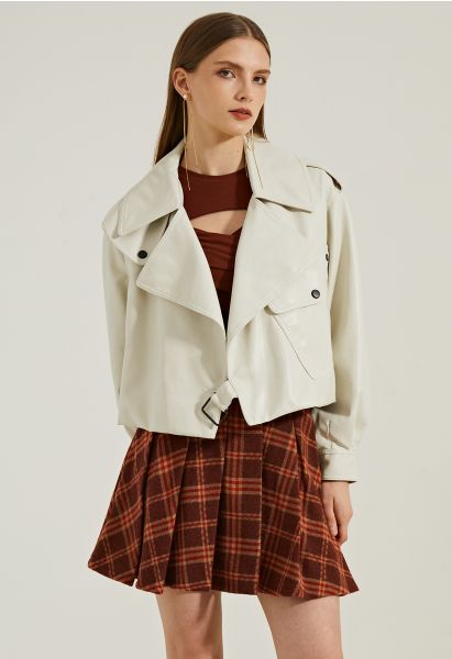 Stud Button Faux Leather Moto Jacket in Ivory