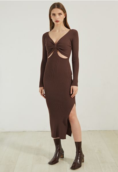 Front Cutout Split Hem Knit Dress in Brown