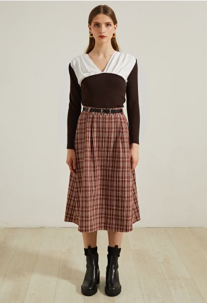 Grid Belted Flare Tweed Midi Skirt in Rust Red