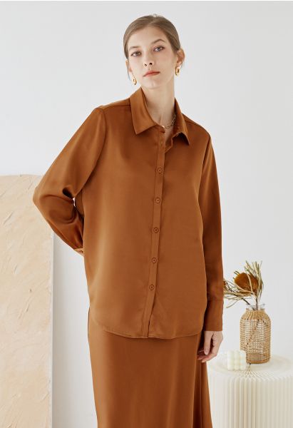 Satin Finish Button Up Shirt in Caramel