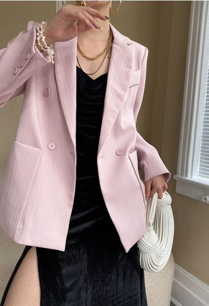 Solid Color Textured Double-Breasted Blazer in Pink