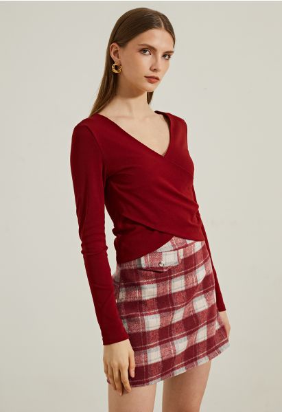 Crisscross Faux-Wrap Soft Cotton Top in Red