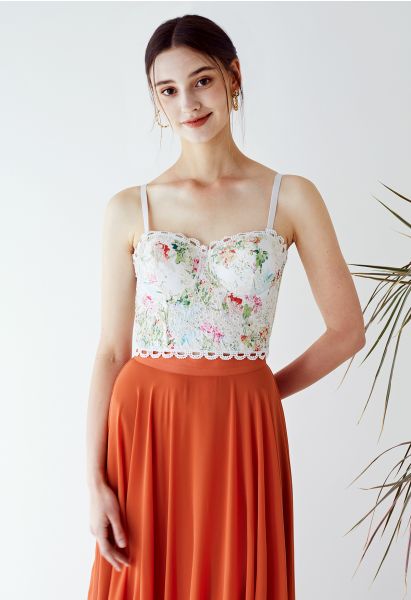 Monet Garden Floral Embroidered Bustier Crop Top