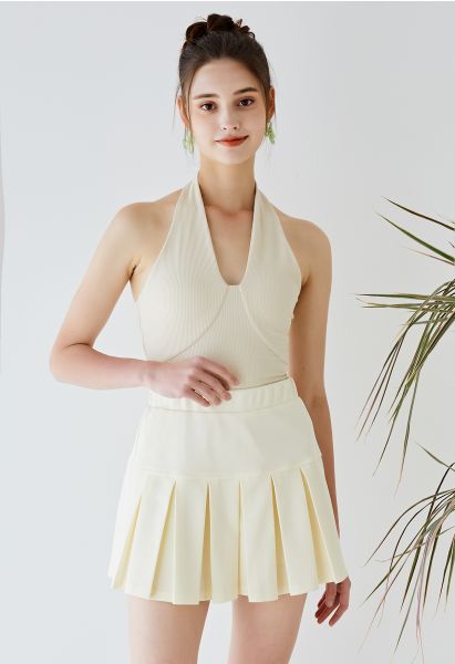 Elastic Waist Pleated Flare Mini Skirt in Cream