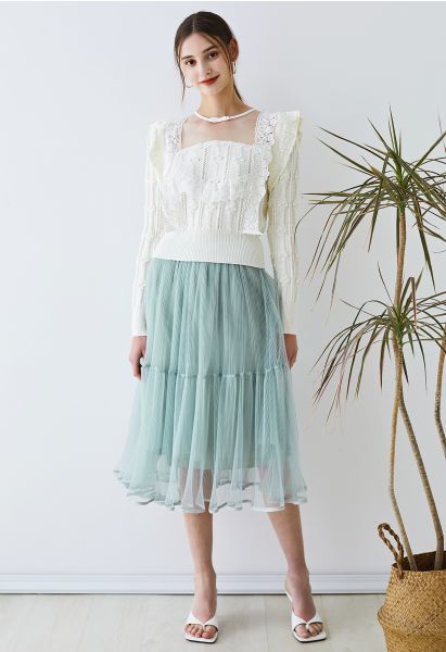 Fairy Plisse Mesh Tulle Midi Skirt in Mint