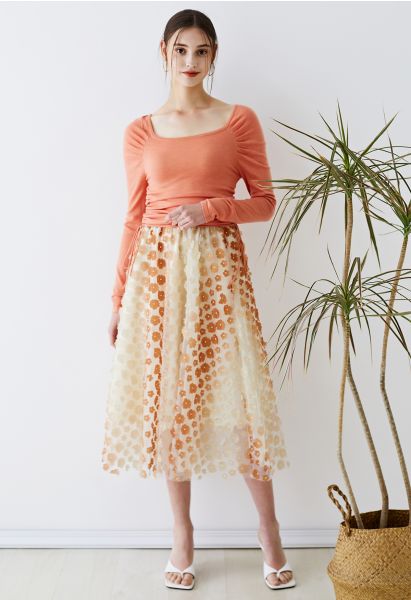 Gradient 3D Flower Double-Layered Mesh Skirt in Apricot