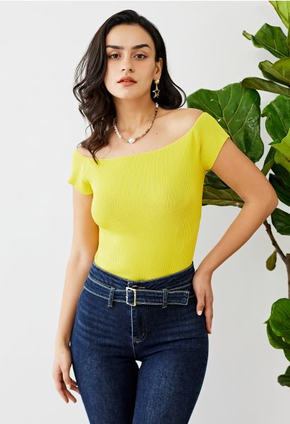 Boat Neck Rib Knit Crop Top in Yellow