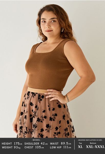 Chic Square Neck Knit Tank Top in Brown