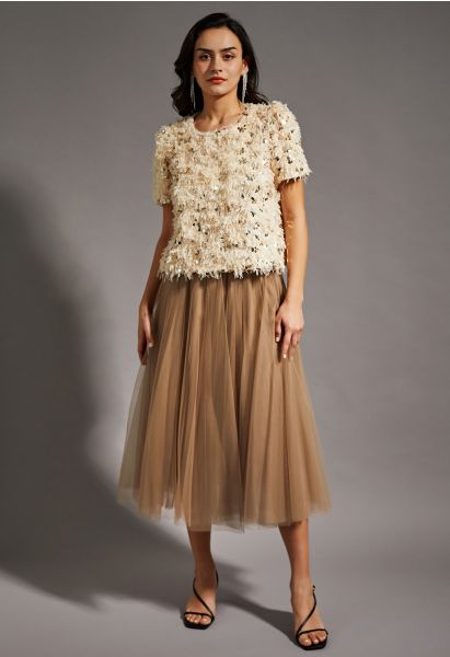 Venus Glitter Mesh Tulle Midi Skirt in Caramel