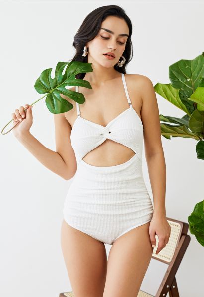 Twisted Cutout Wavy Textured Swimsuit in White