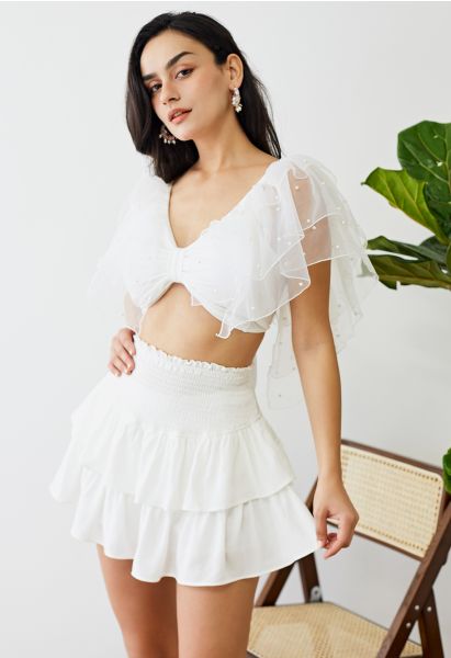 Tiered Ruffle Shirred Waist Mini Skirt in White