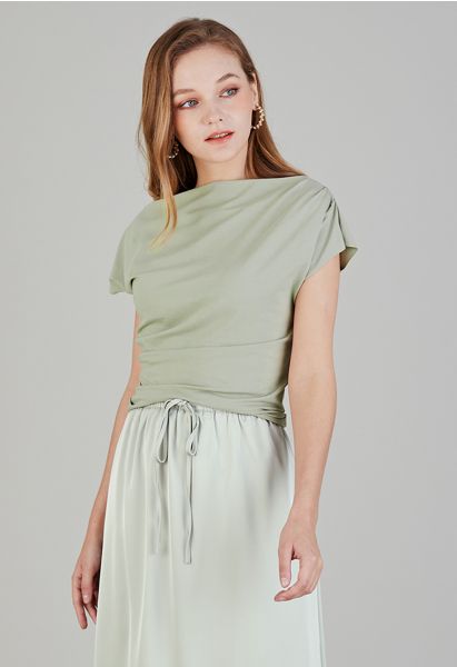 Asymmetric Boat Neck Ruched Top in Pea Green