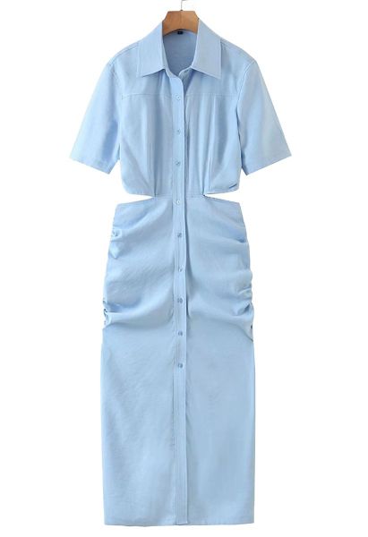 Cutout Waist Side Ruched Shirt Dress in Blue