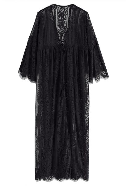 Slit Cuffs Floral Lace Kimono in Black