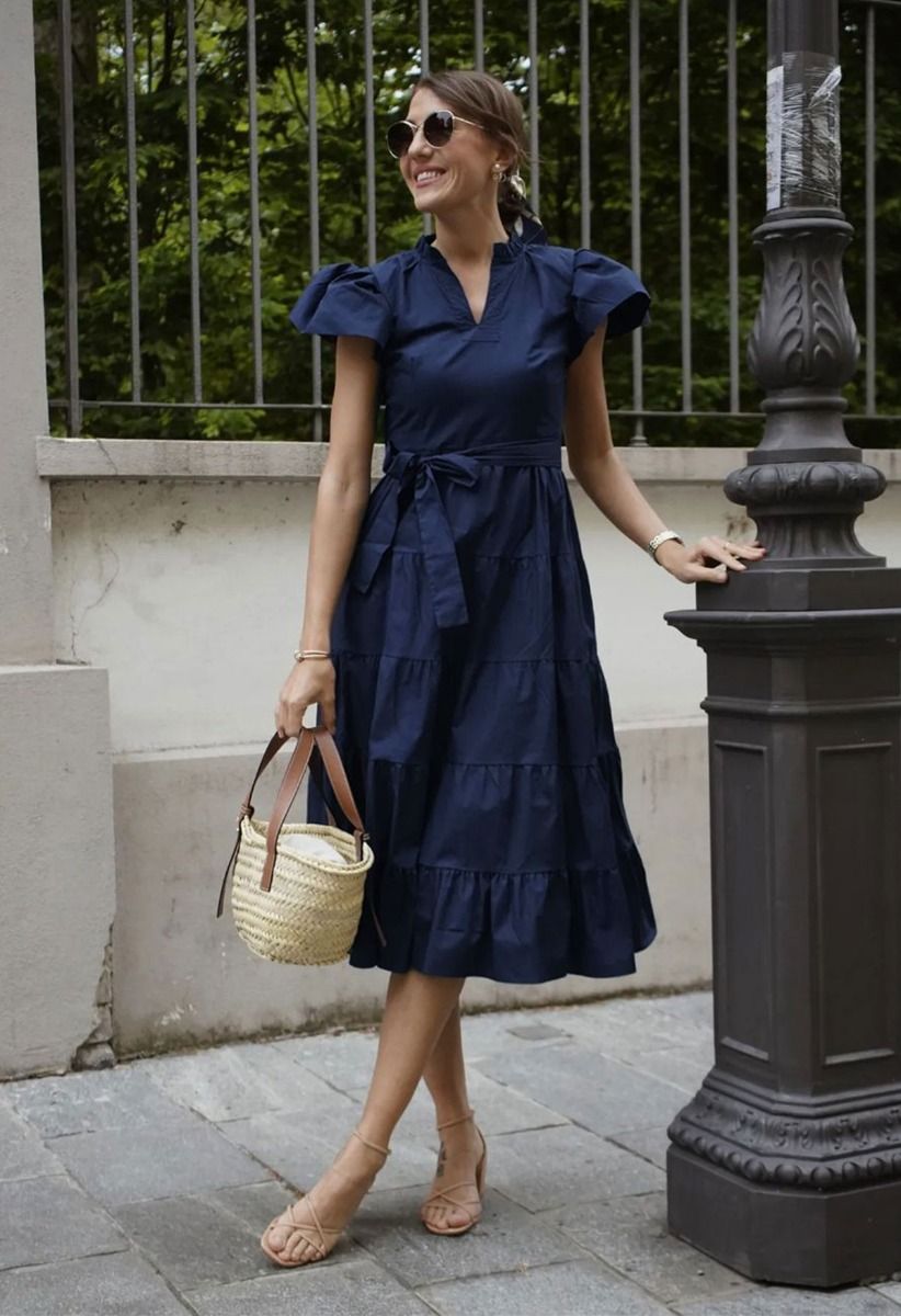 V-Neck Flutter Sleeve Ruffle Cotton Dress in Navy