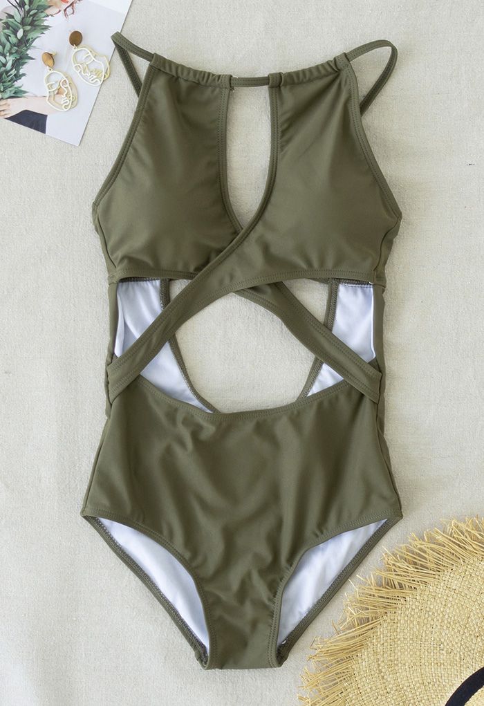 Cross Front Cutout Cami ملابس السباحة باللون الأخضر للجيش