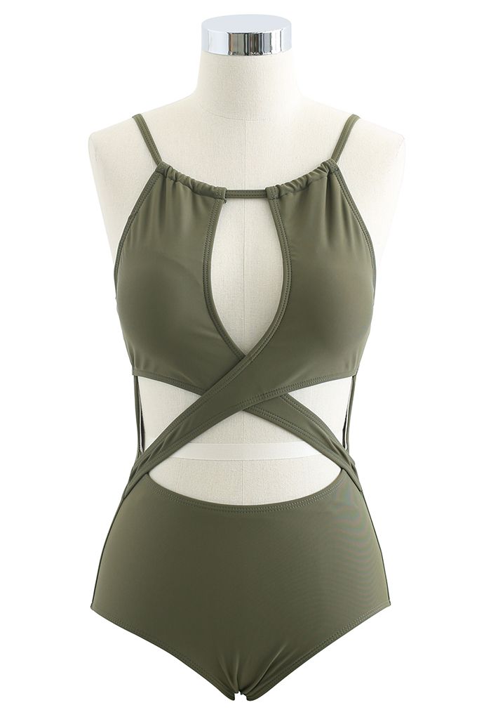 Cross Front Cutout Cami ملابس السباحة باللون الأخضر للجيش