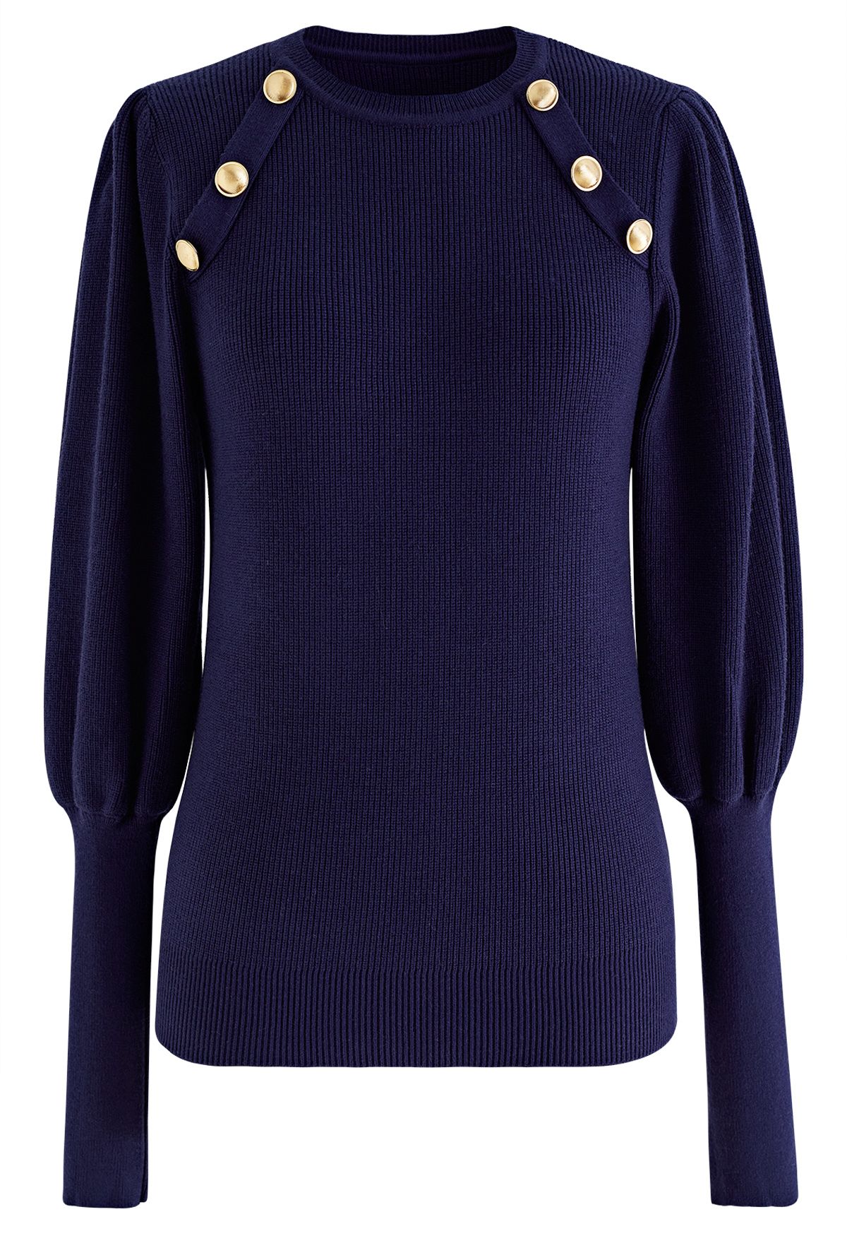 Bubble Sleeves Button Trimmed Knit Top in Navy