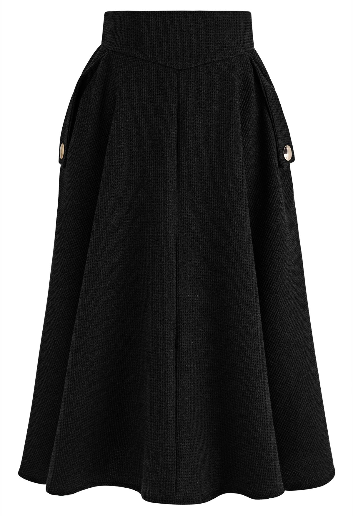 Waffle Texture A-Line Midi Skirt in Black