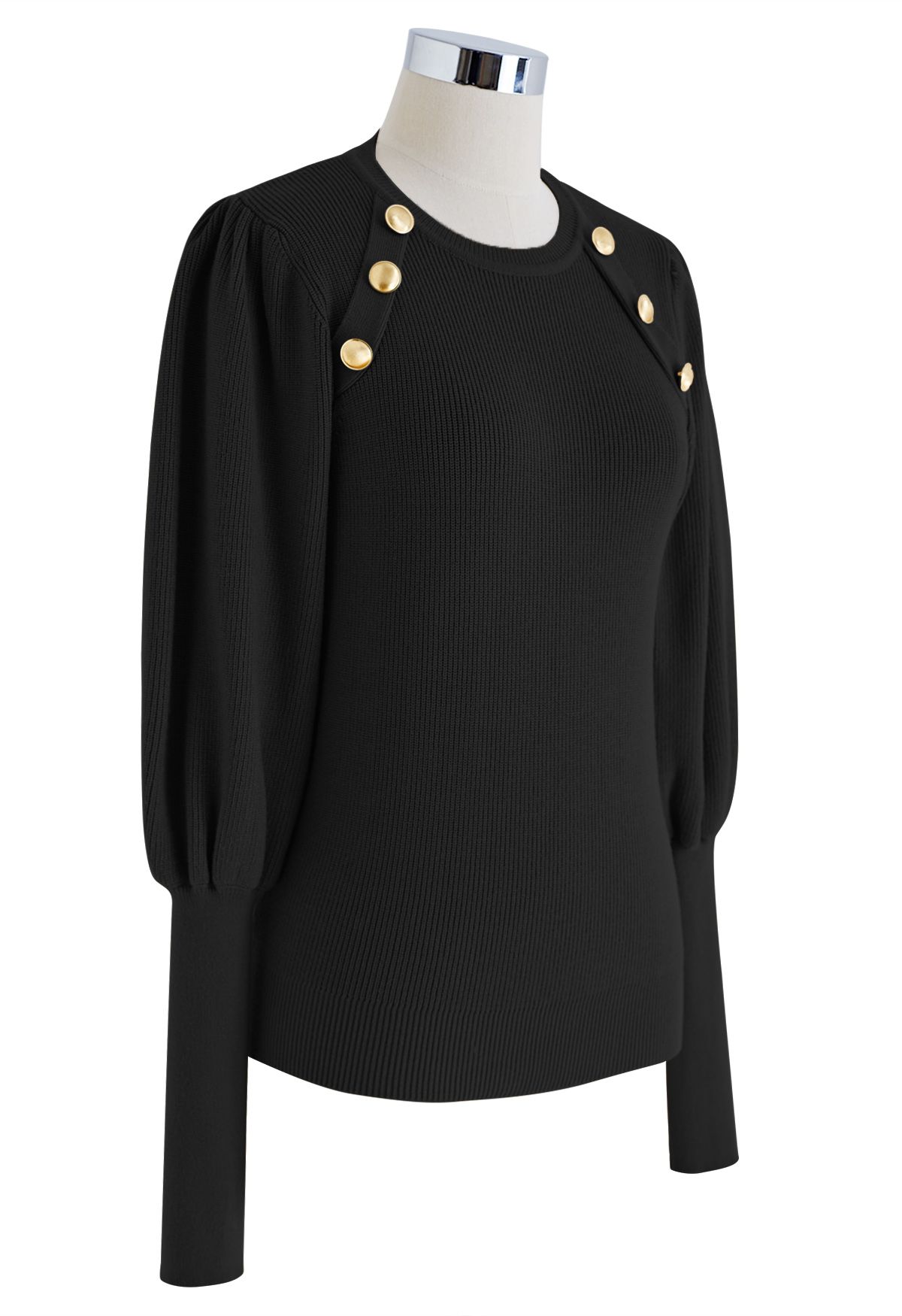 Bubble Sleeves Button Trimmed Knit Top in Black