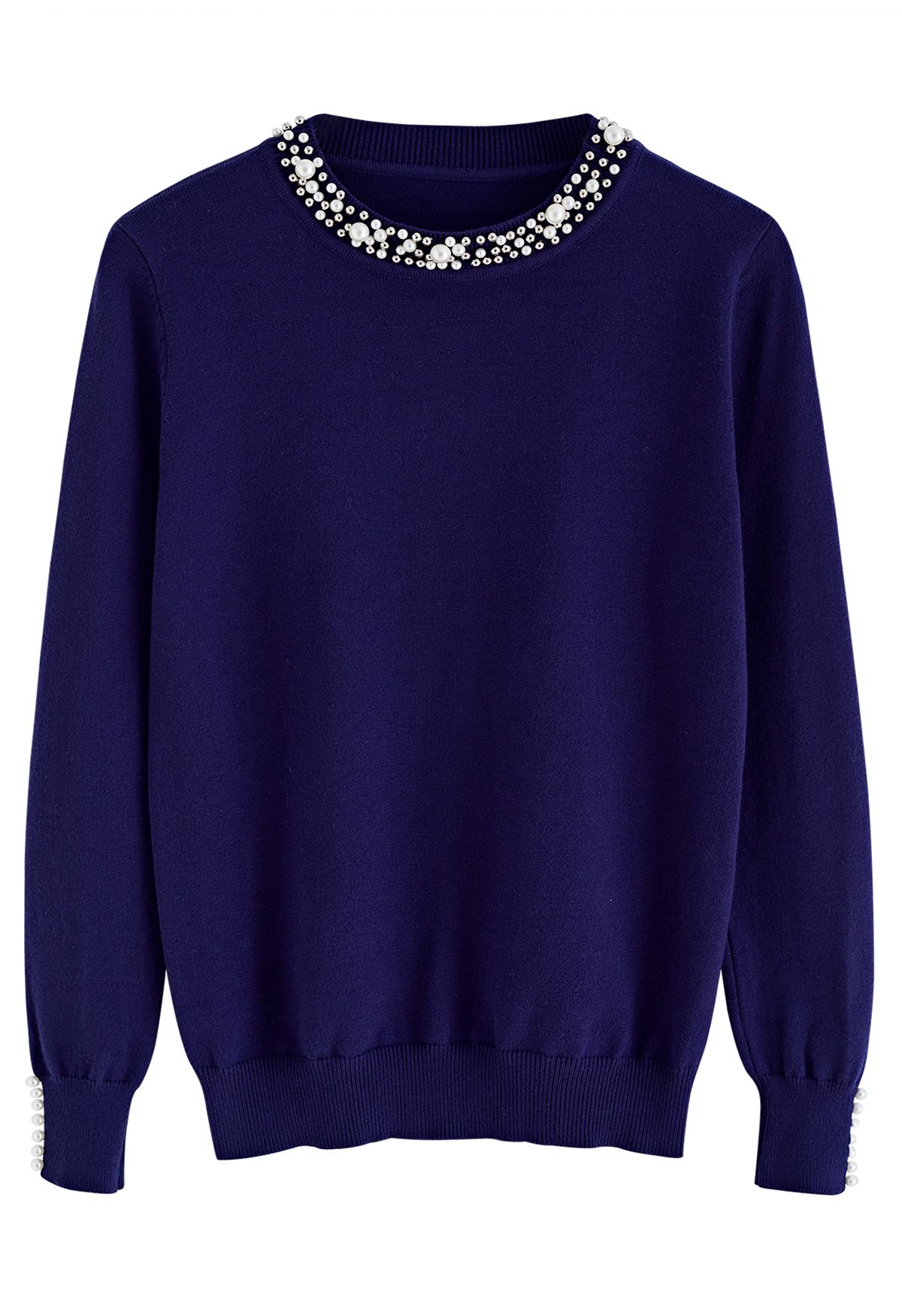 Pearl Trimmed Soft Knit Top in Navy