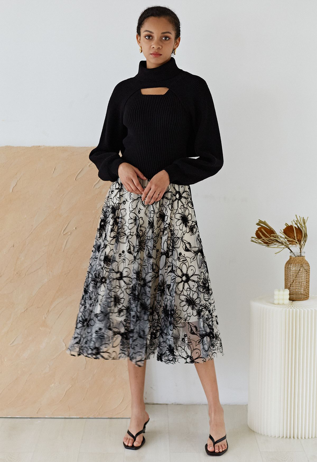 Velvet Flower Blossom Mesh Tulle Skirt in Cream