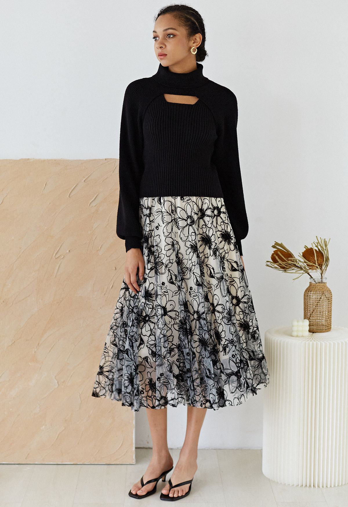 Velvet Flower Blossom Mesh Tulle Skirt in Cream