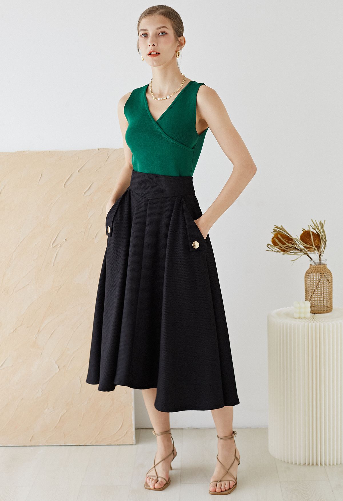 Waffle Texture A-Line Midi Skirt in Black