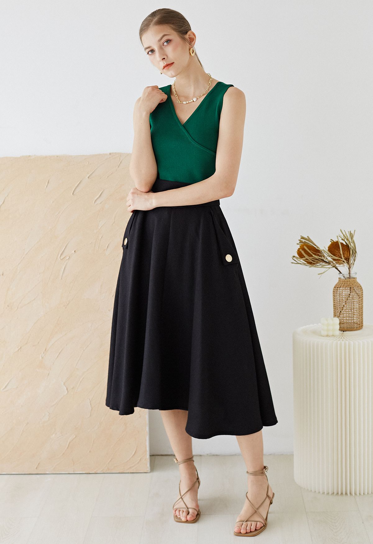 Waffle Texture A-Line Midi Skirt in Black