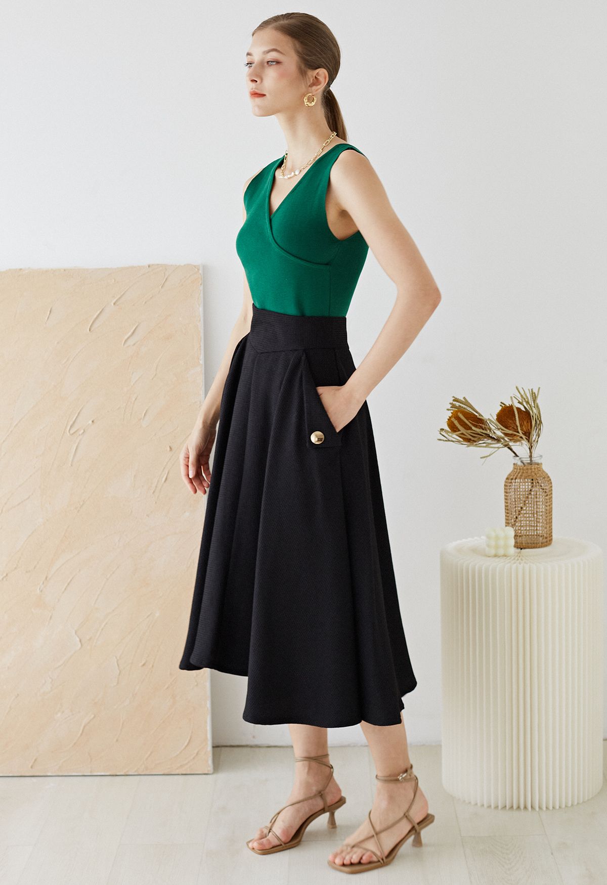 Waffle Texture A-Line Midi Skirt in Black