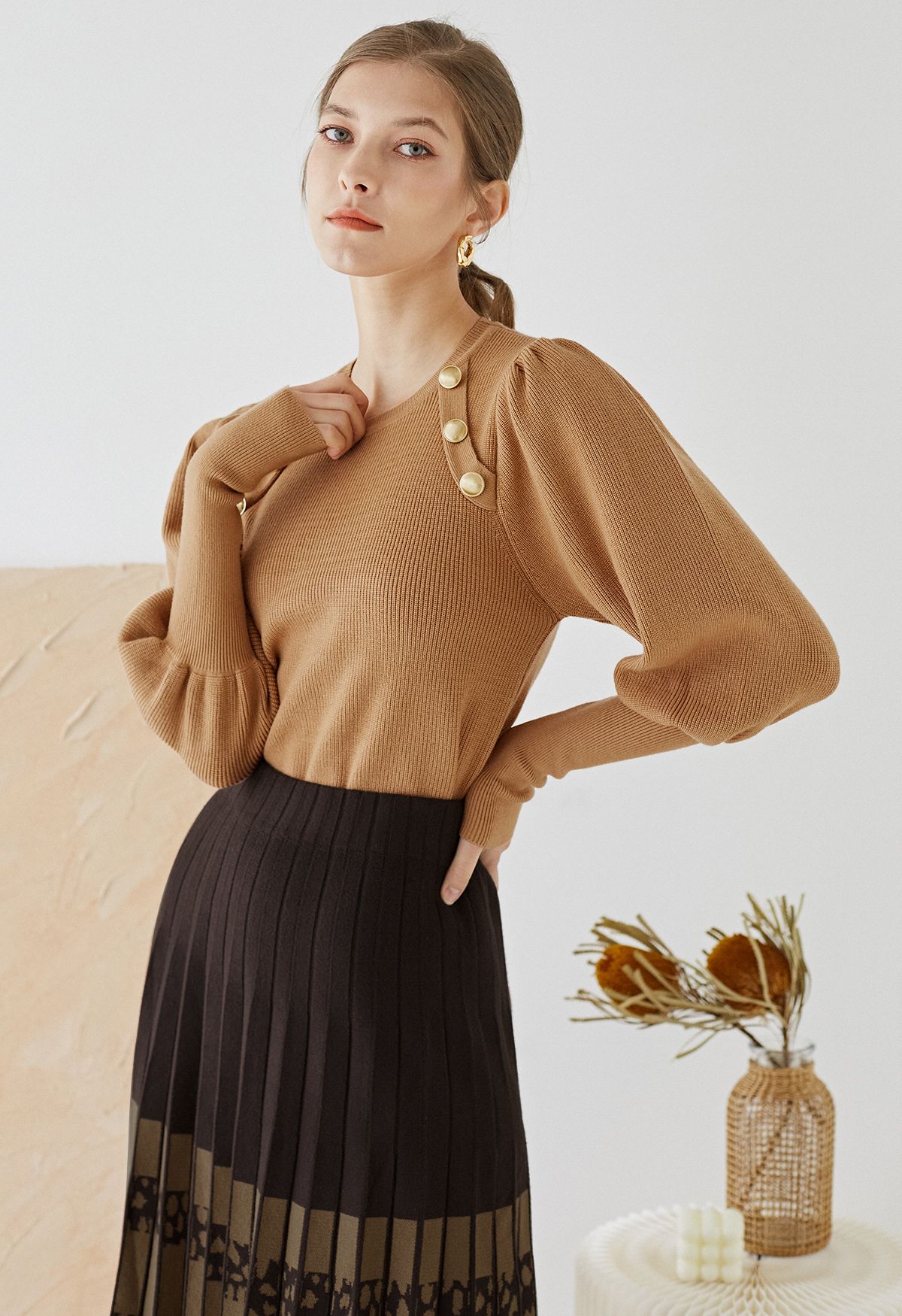 Bubble Sleeves Button Trimmed Knit Top in Tan