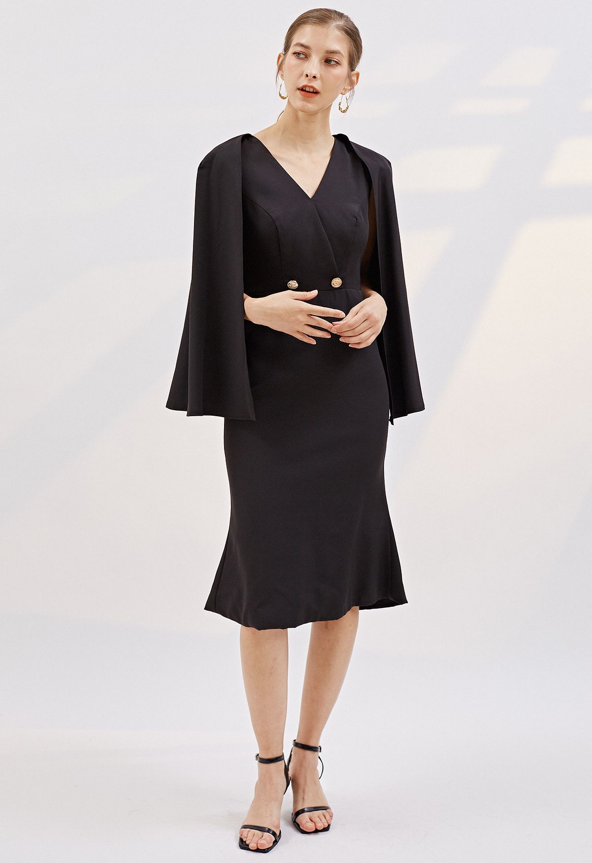 Golden Button Cape Sleeve Cocktail Dress in Black