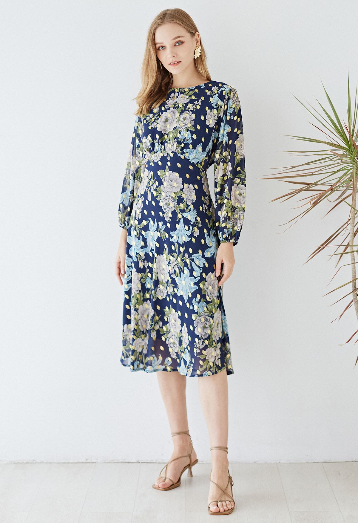 Floral to See Midi Dress with Gold Spot in Navy