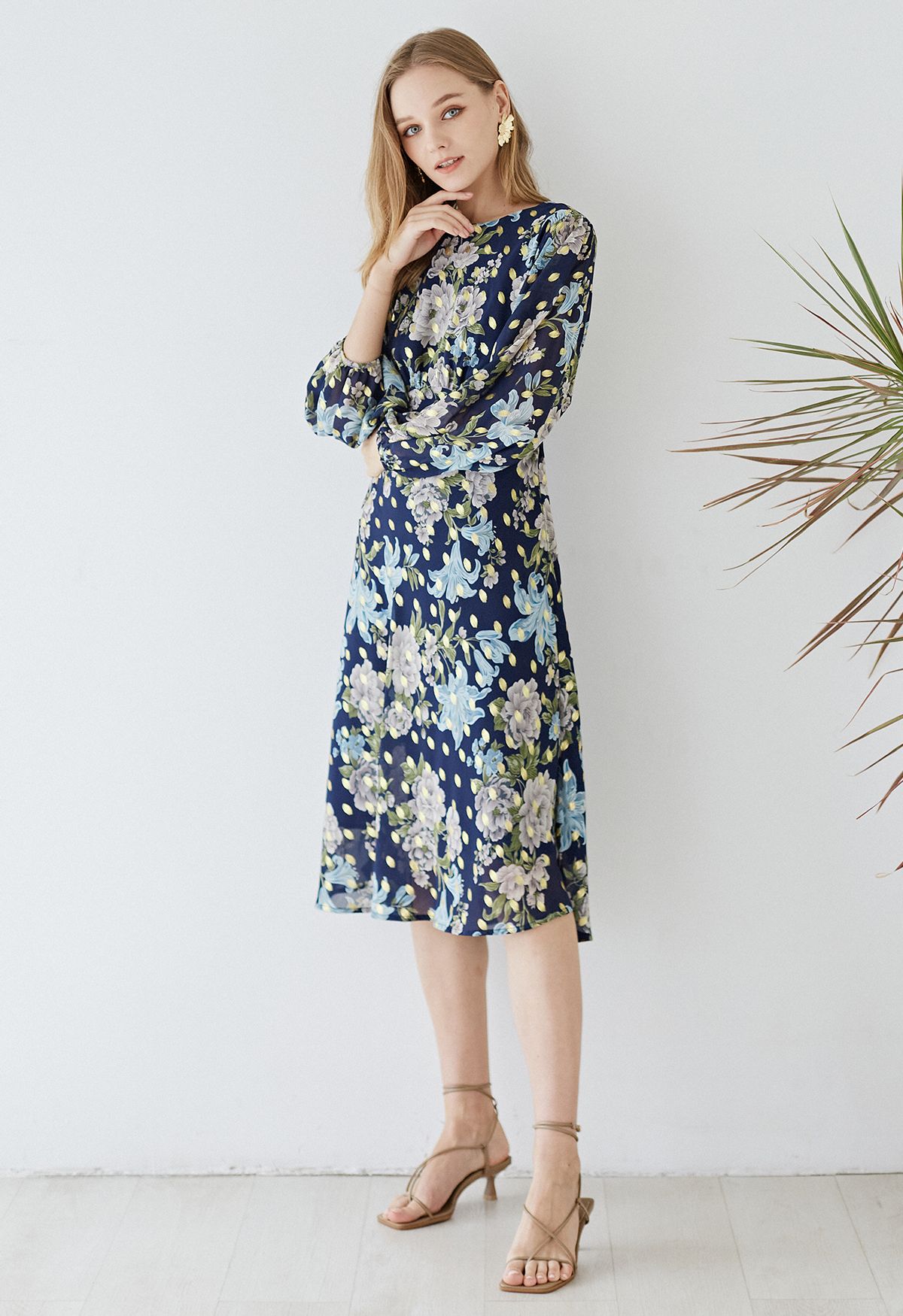 Floral to See Midi Dress with Gold Spot in Navy