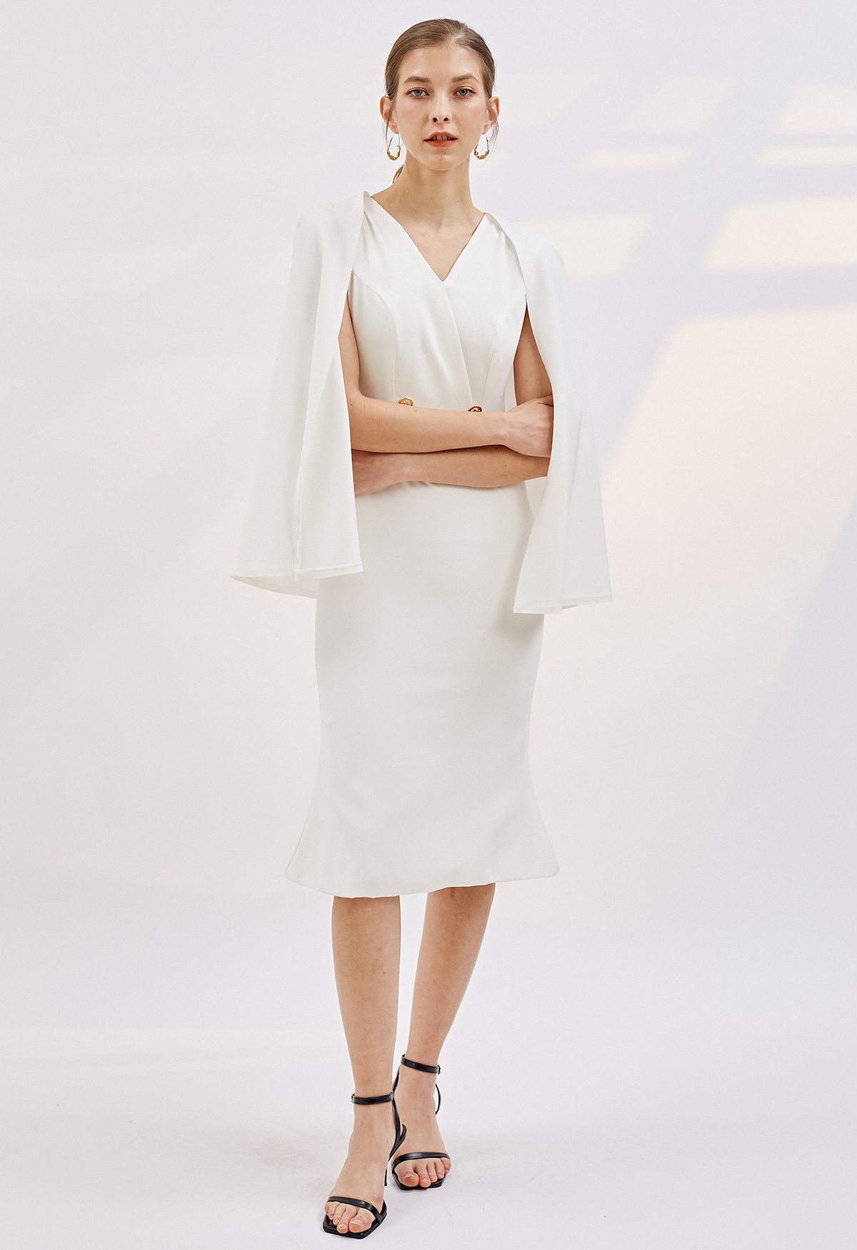 Golden Button Cape Sleeve Cocktail Dress in White