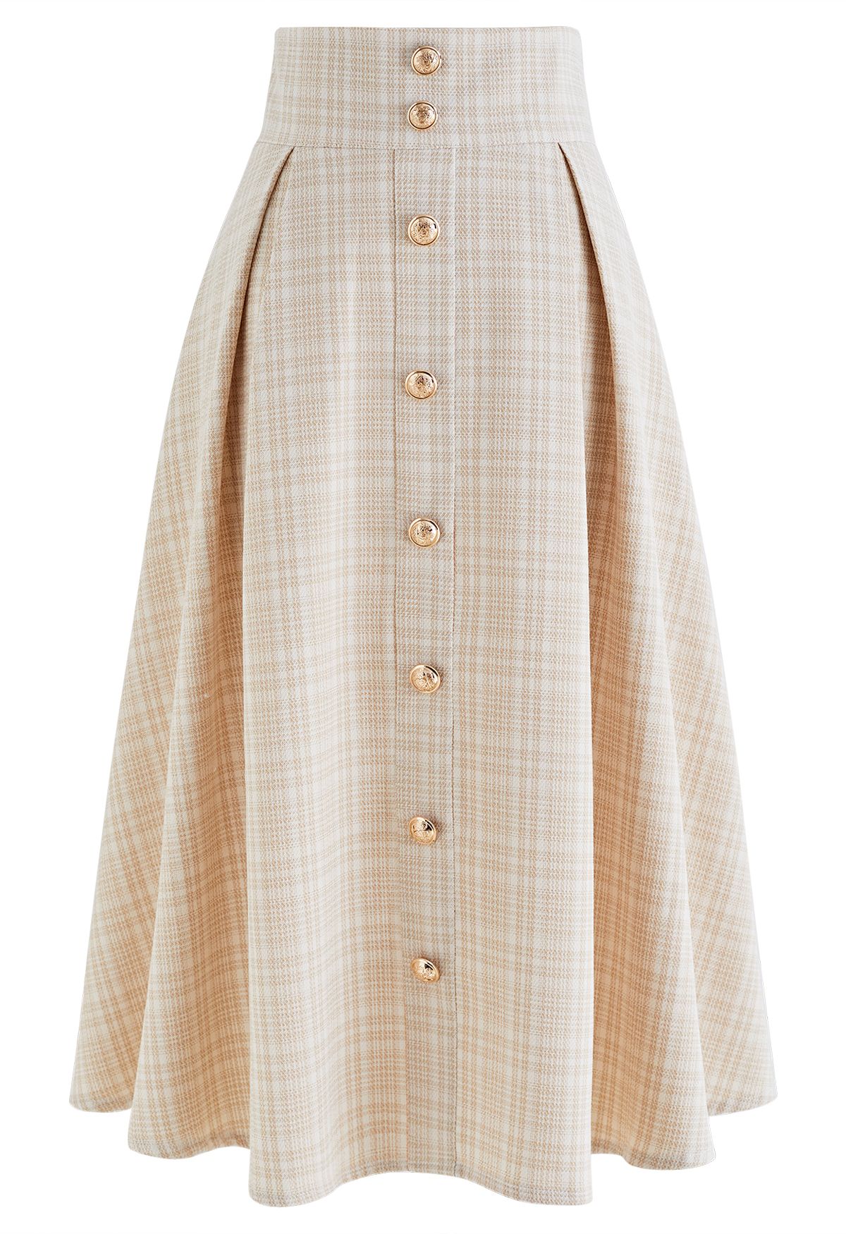 Plaid Tweed Button Trim Pleated Midi Skirt in Apricot