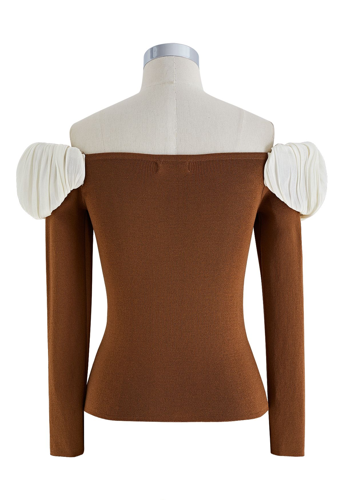 Spliced Ruched Off-Shoulder Knit Crop Top in Caramel