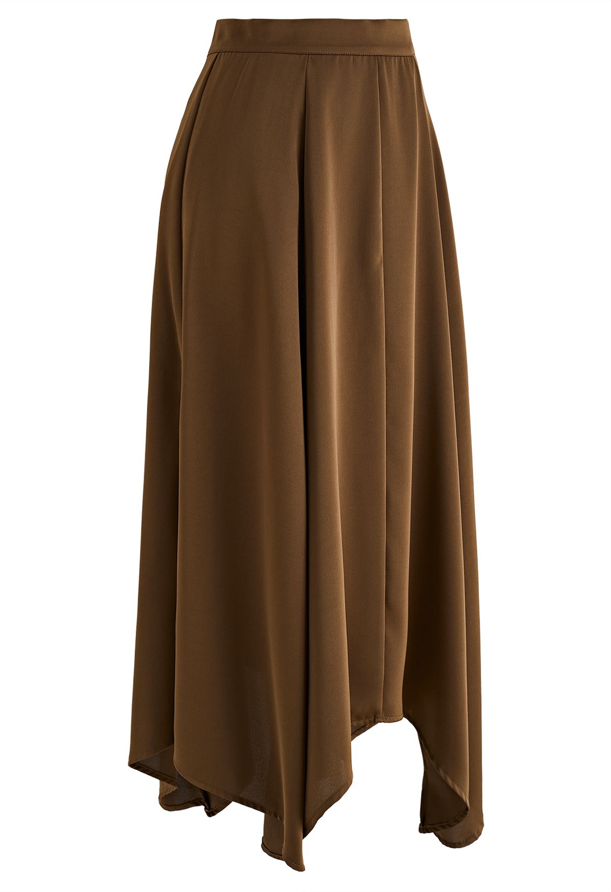 Asymmetric Hem Double Slit Satin Skirt in Brown