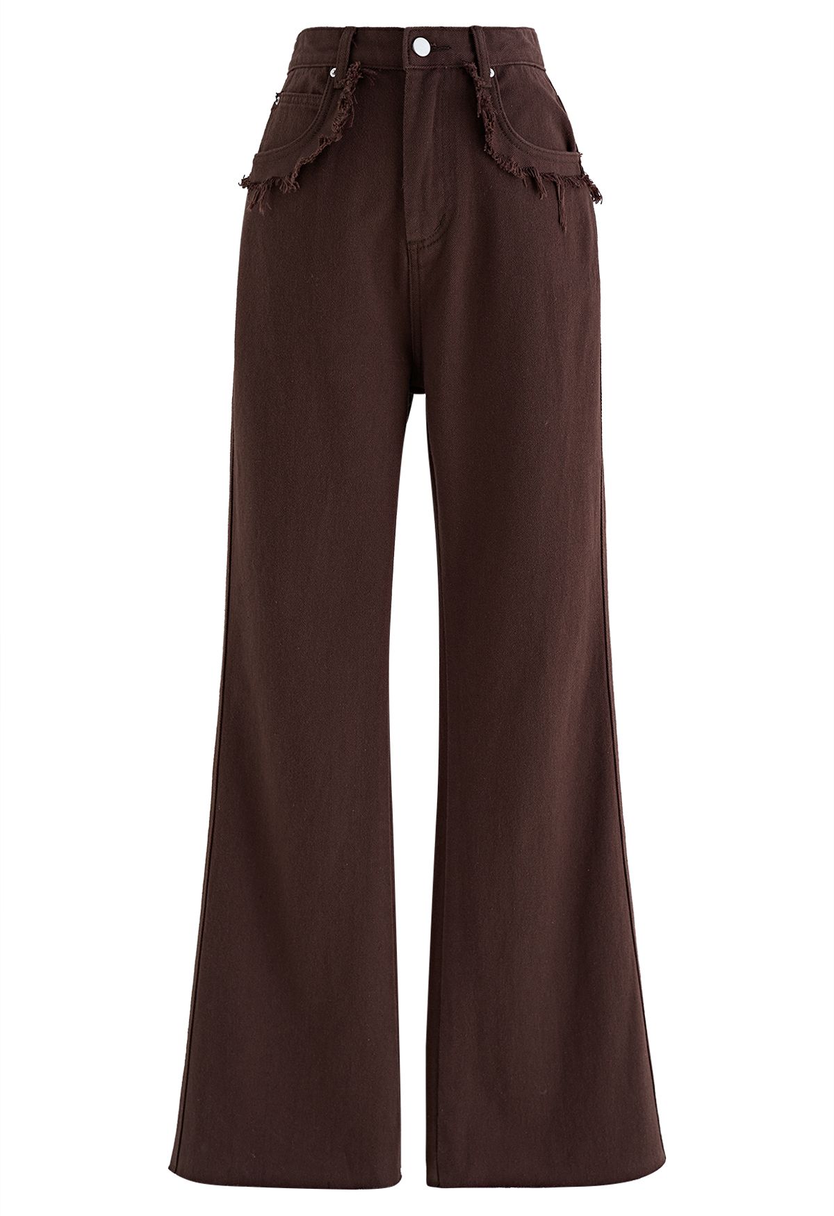 Classic Pocket Frayed Detail Flare Jeans in Brown