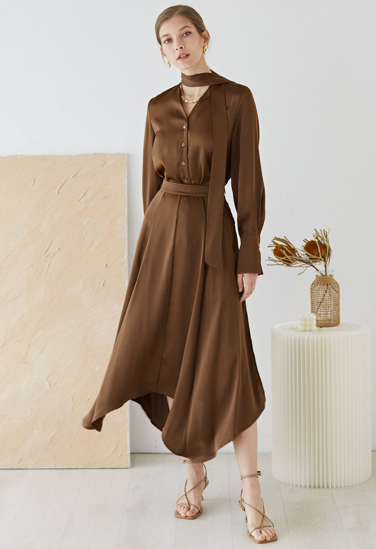 Asymmetric Hem Double Slit Satin Skirt in Brown