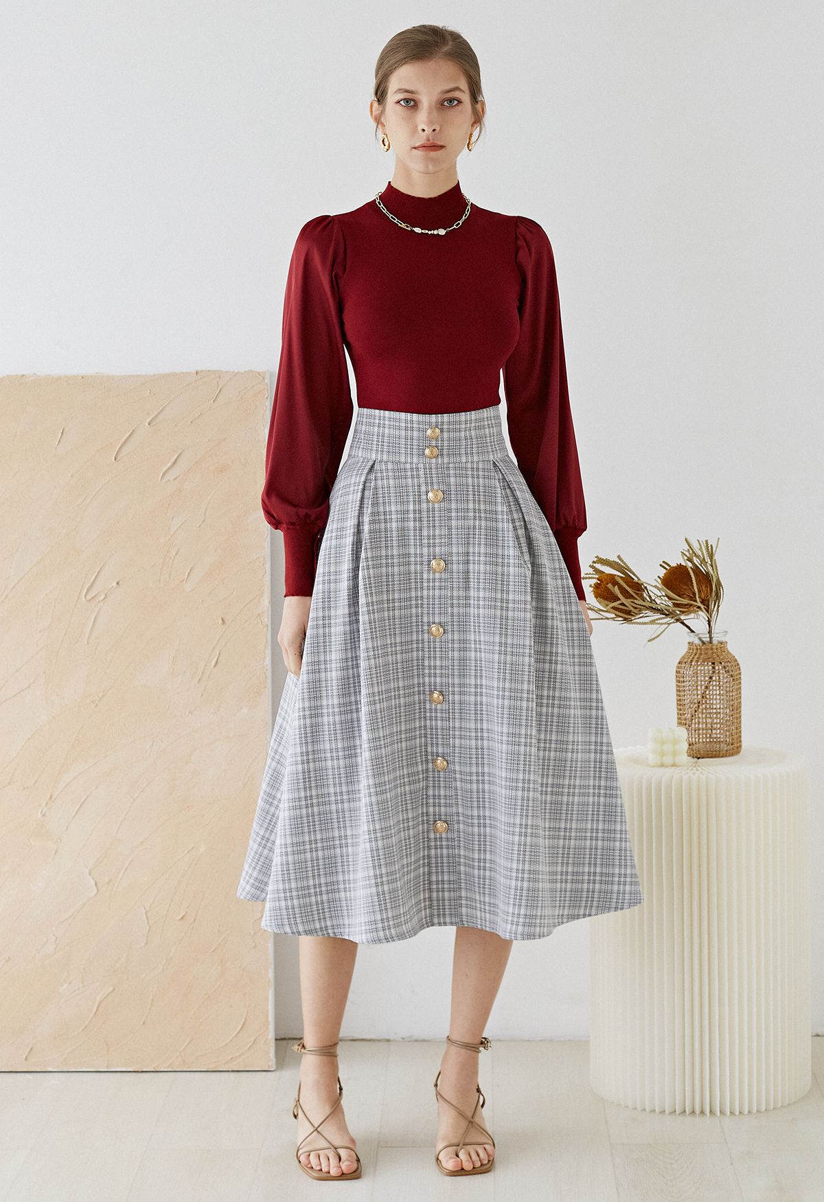 Plaid Tweed Button Trim Pleated Midi Skirt in Black