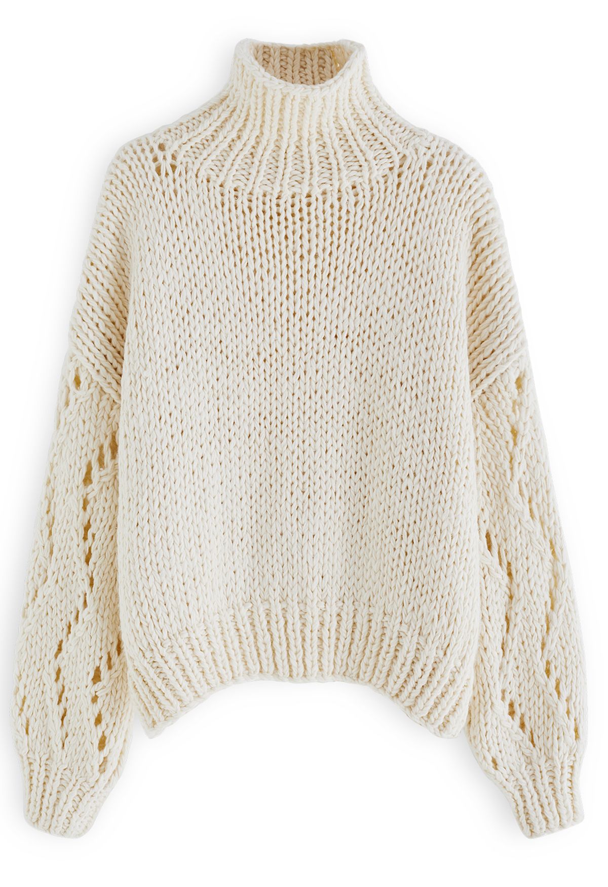 Pointelle Sleeve High Neck Hand-Knit Sweater in Cream