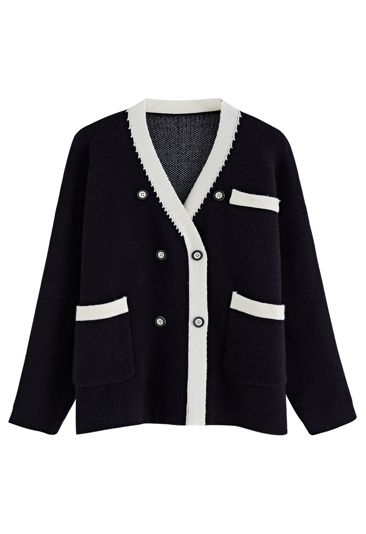 Double-Breasted Contrast Color Cardigan in Black