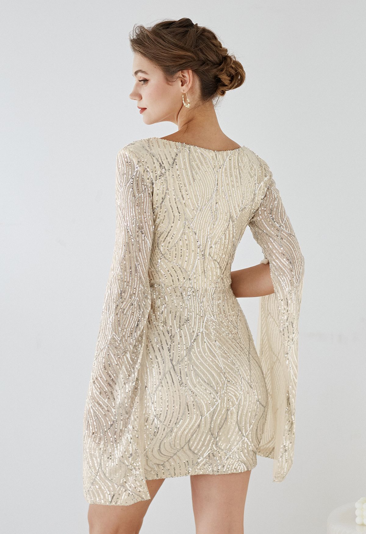 Shining Sequin Cape Sleeves Cocktail Dress in Champagne