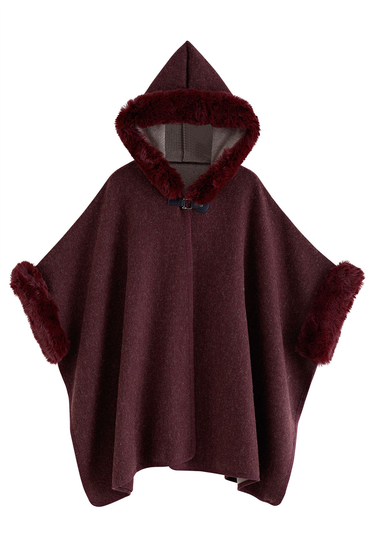 Cozy Faux Fur Hooded Poncho in Burgundy