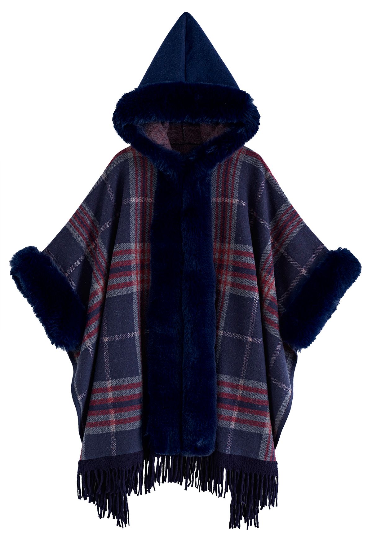 Plaid Fringe Faux Fur Hooded Poncho in Navy